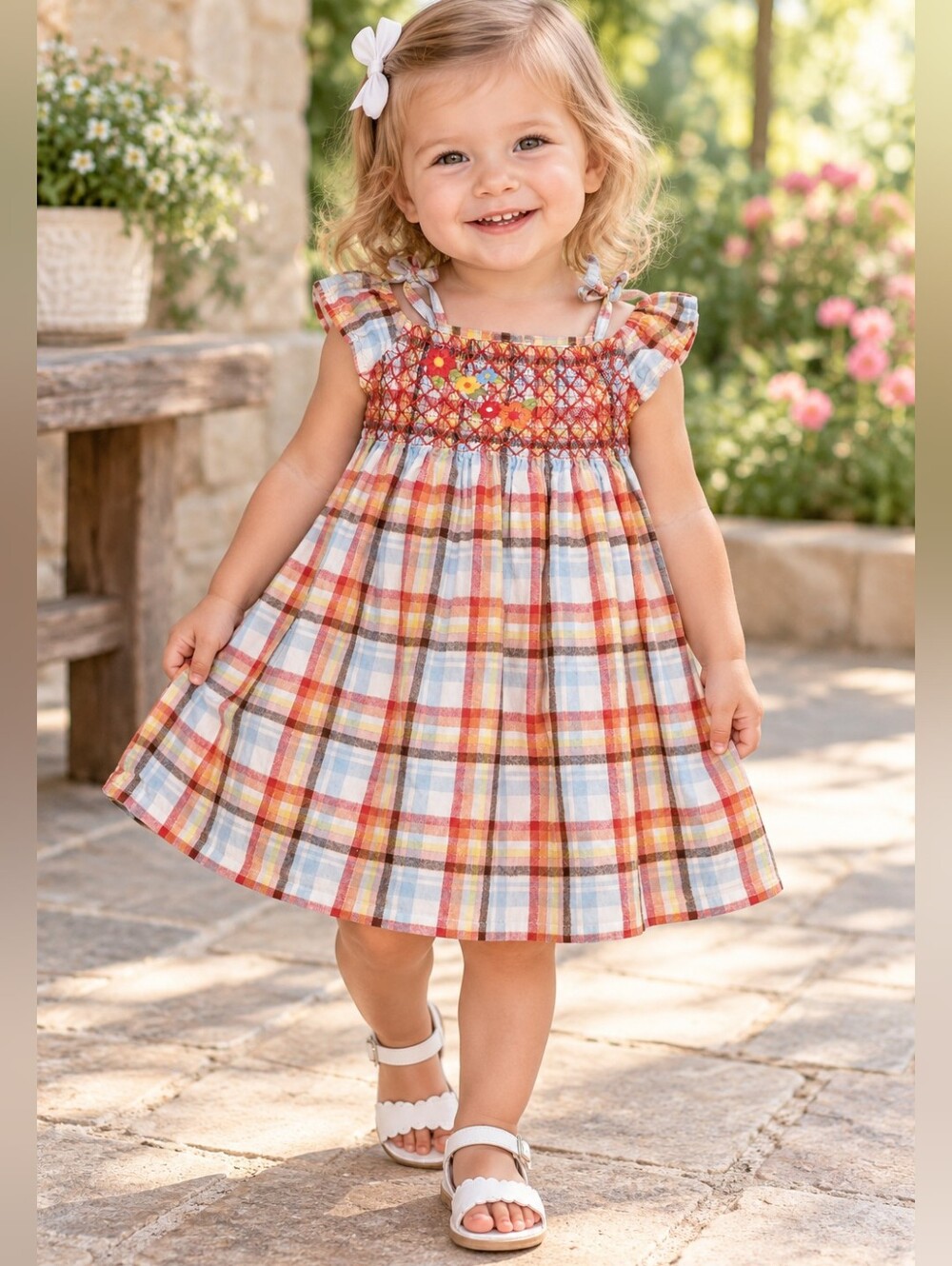 Gymboree Y2k Island Getaway Plaid Embroidered Flowers Smocked Dress 18-24 Months
